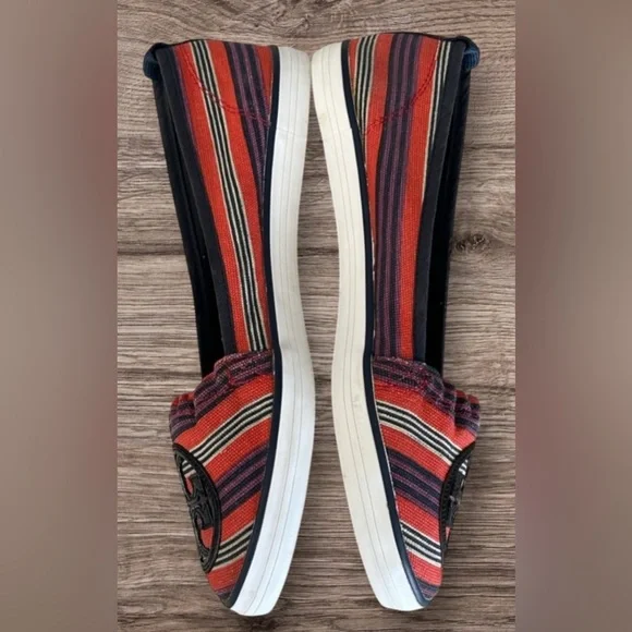 Tory Burch Raymond Canvas Flats Black Patent Logo Slip Ons Red White Blue Size 8 - Picture 4 of 13